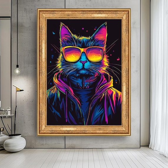 Neon Pop Art Cat With Cool Sunglasses Colorful Hipster Wall Art