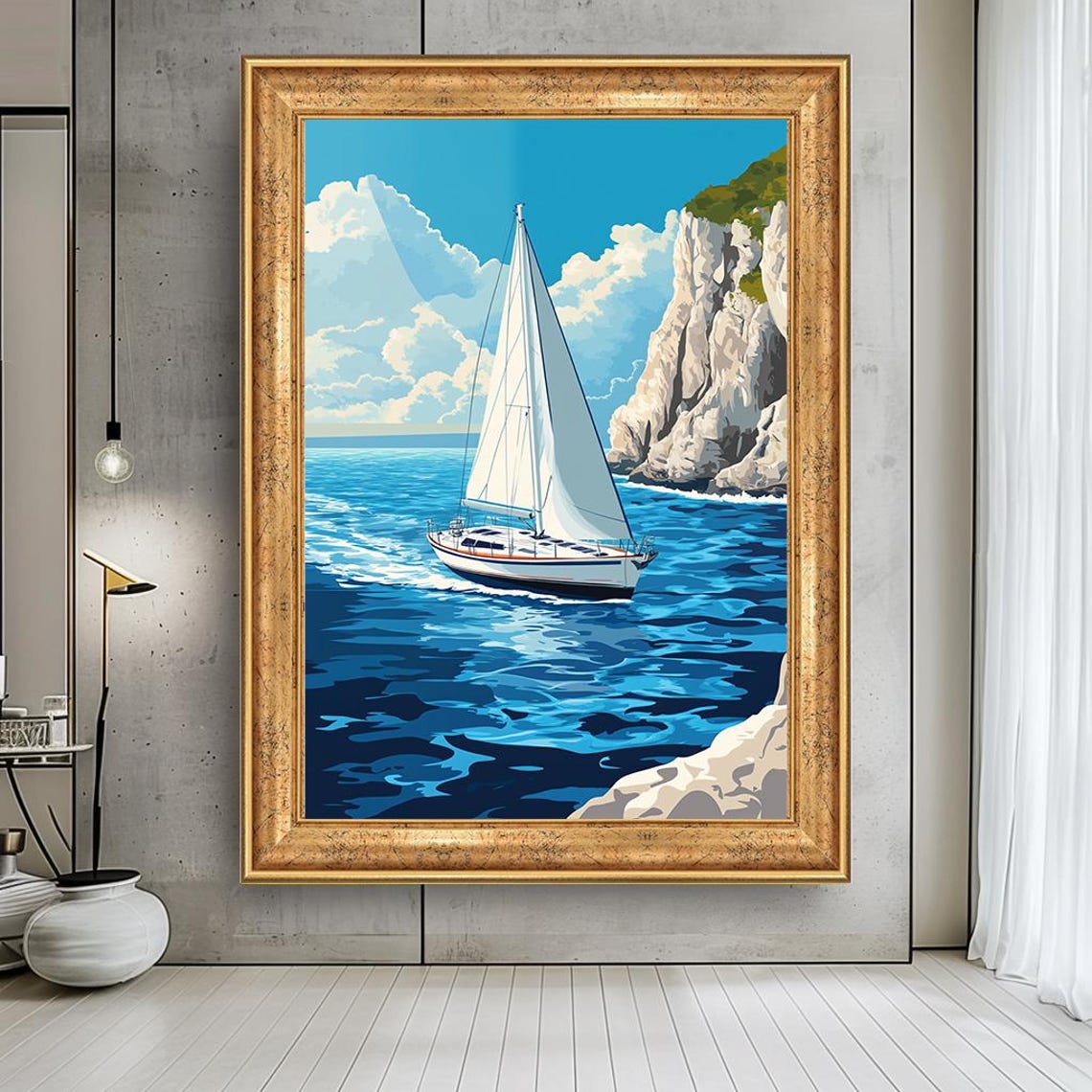 Sailboat by Rocky Cliffs Bright Blue Sea Nautical Travel Style Poster