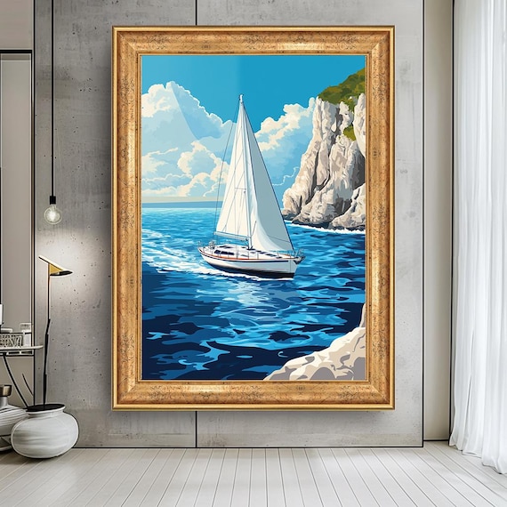 Sailboat by Rocky Cliffs Bright Blue Sea Nautical Travel Style Poster