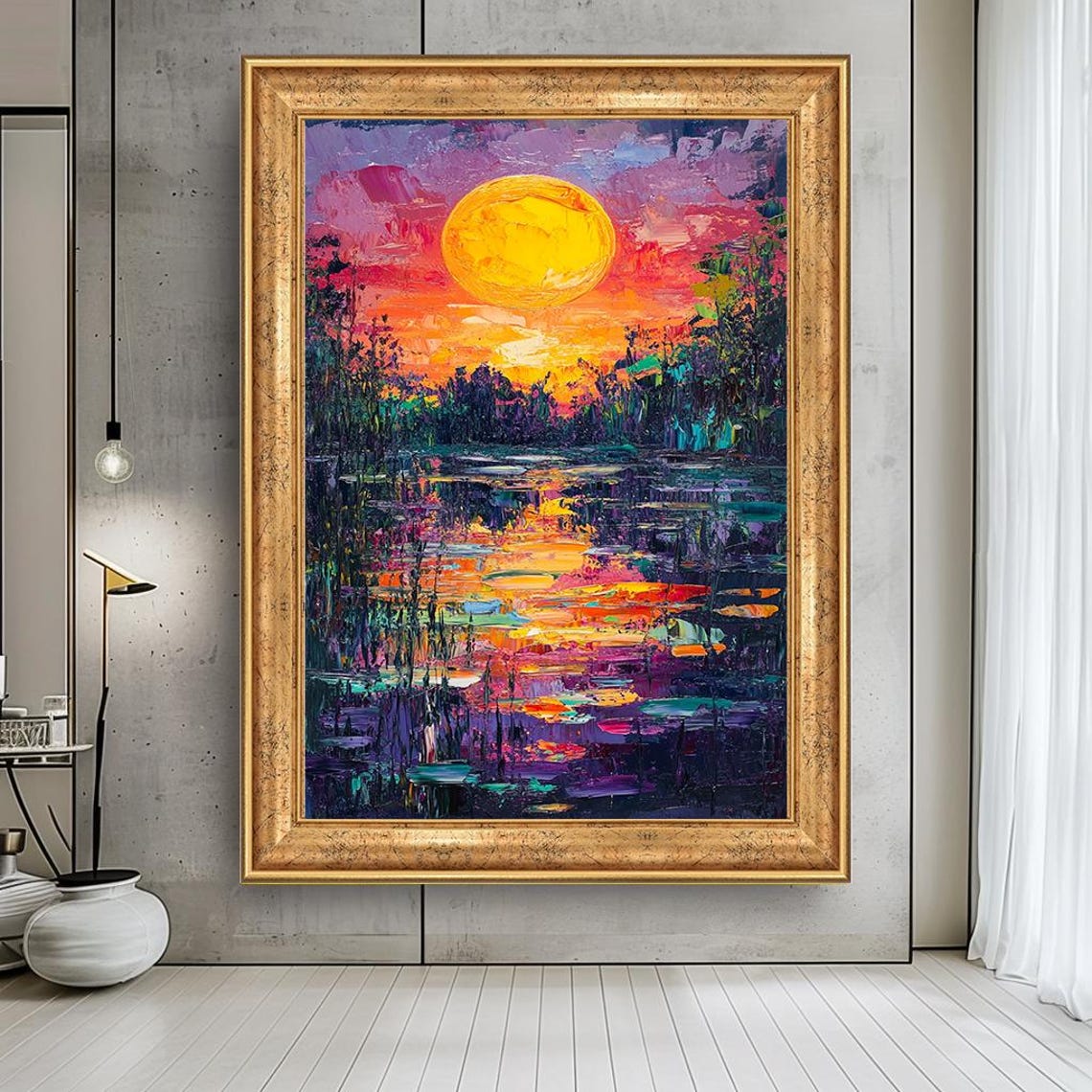 Vibrant Sunset Lake Impasto Oil Painting Golden Sun Reflections Print