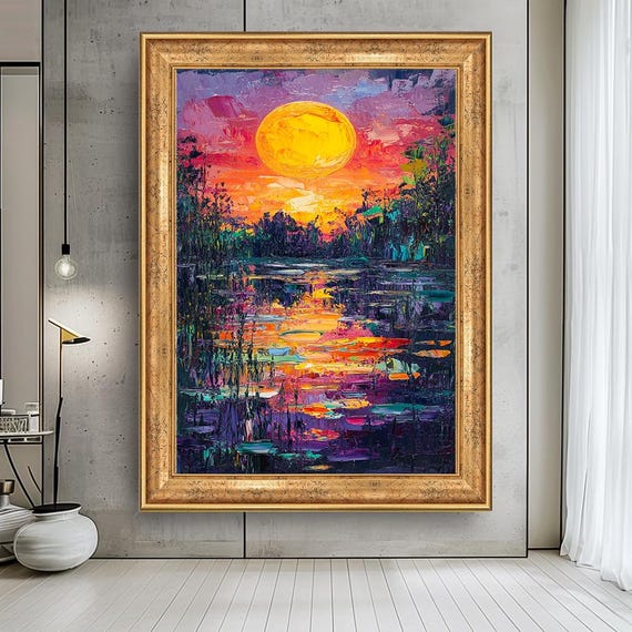 Sunset Lake Canvas Print Colorful Impressionist Landscape Wall Art