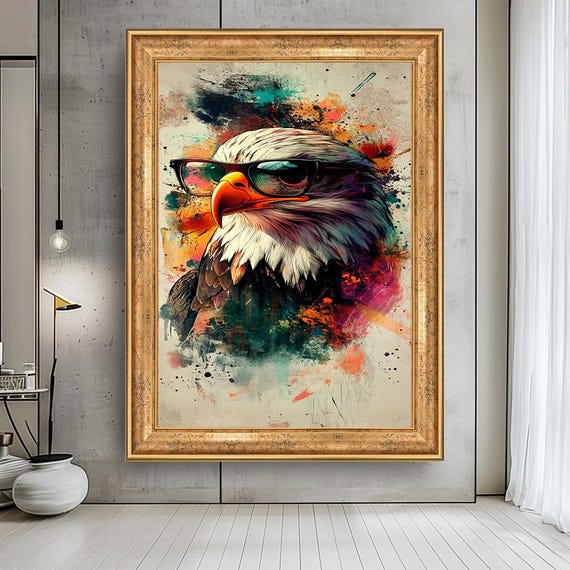 Cool Eagle With Glasses Canvas Print Colorful Animal Wall Art Funny Pop Bird Painting Bold Modern Decor For Office Or Home