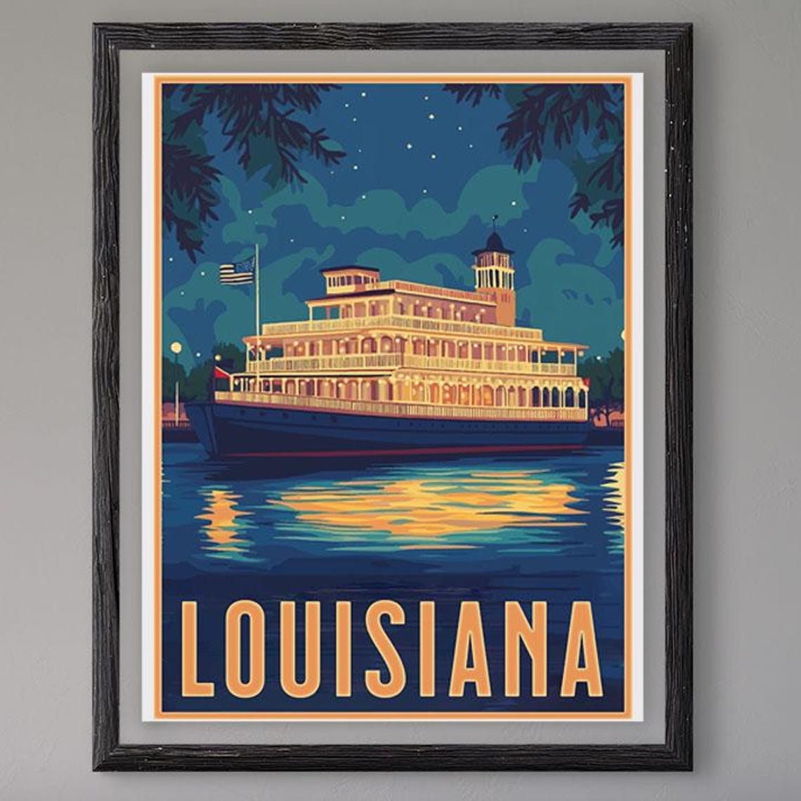 Louisiana Riverboat Moonlit Night Paddlewheel Vintage Travel Poster