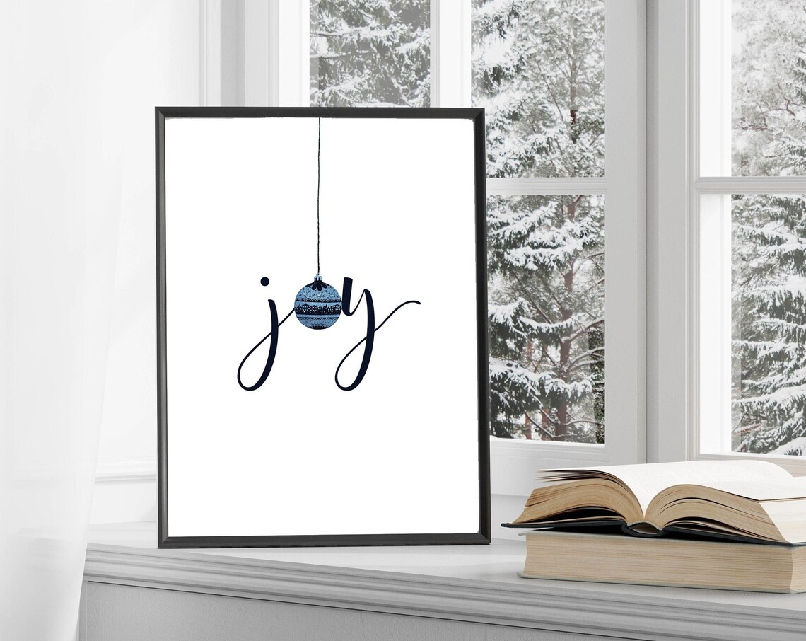 Joy Script Blue Christmas Ornament Minimalist Holiday Wall Poster