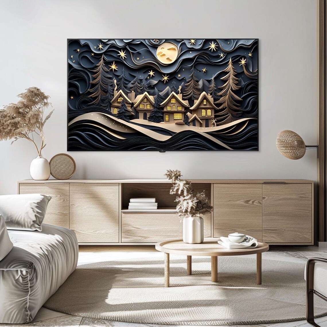 Layered Paper Cut Winter Village Night Moon Stars Art Poster - Image 5