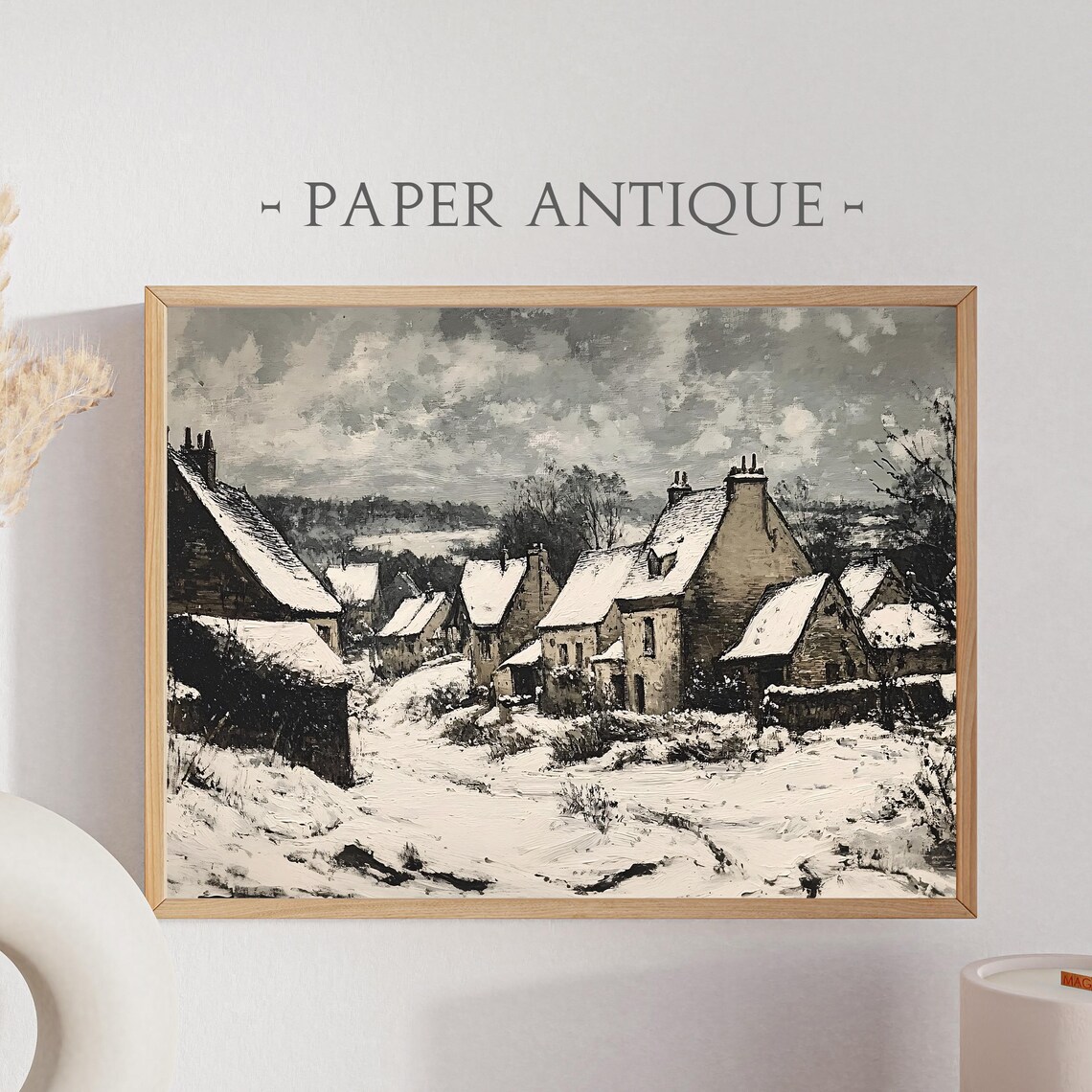 Snowy Village Monochrome Stone Cottages Winter Painting Poster