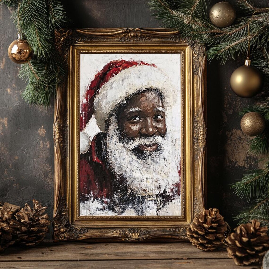 Black Santa Claus Portrait in Snowy Impasto Style Christmas Poster - Image 4