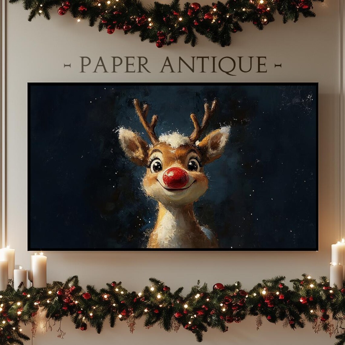 Smiling Red Nosed Reindeer Portrait Starry Christmas Art Poster