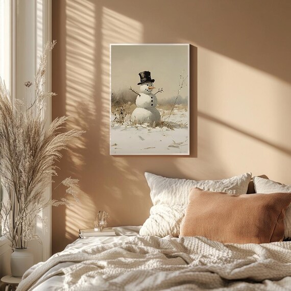 Minimalist Snowman With Top Hat Standing In Snowy Field Poster