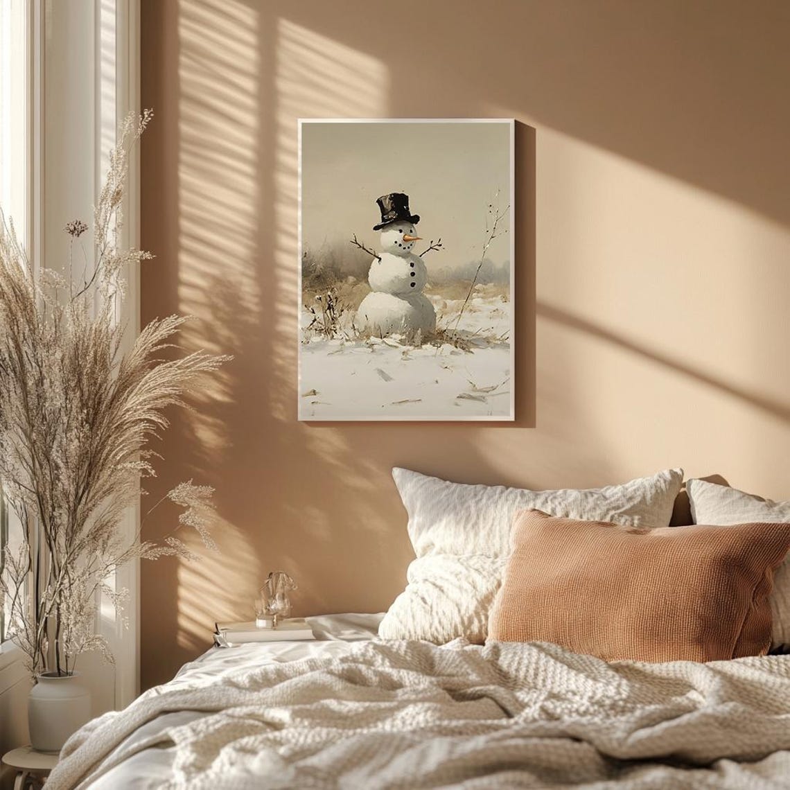 Minimalist Snowman With Top Hat Standing In Snowy Field Poster