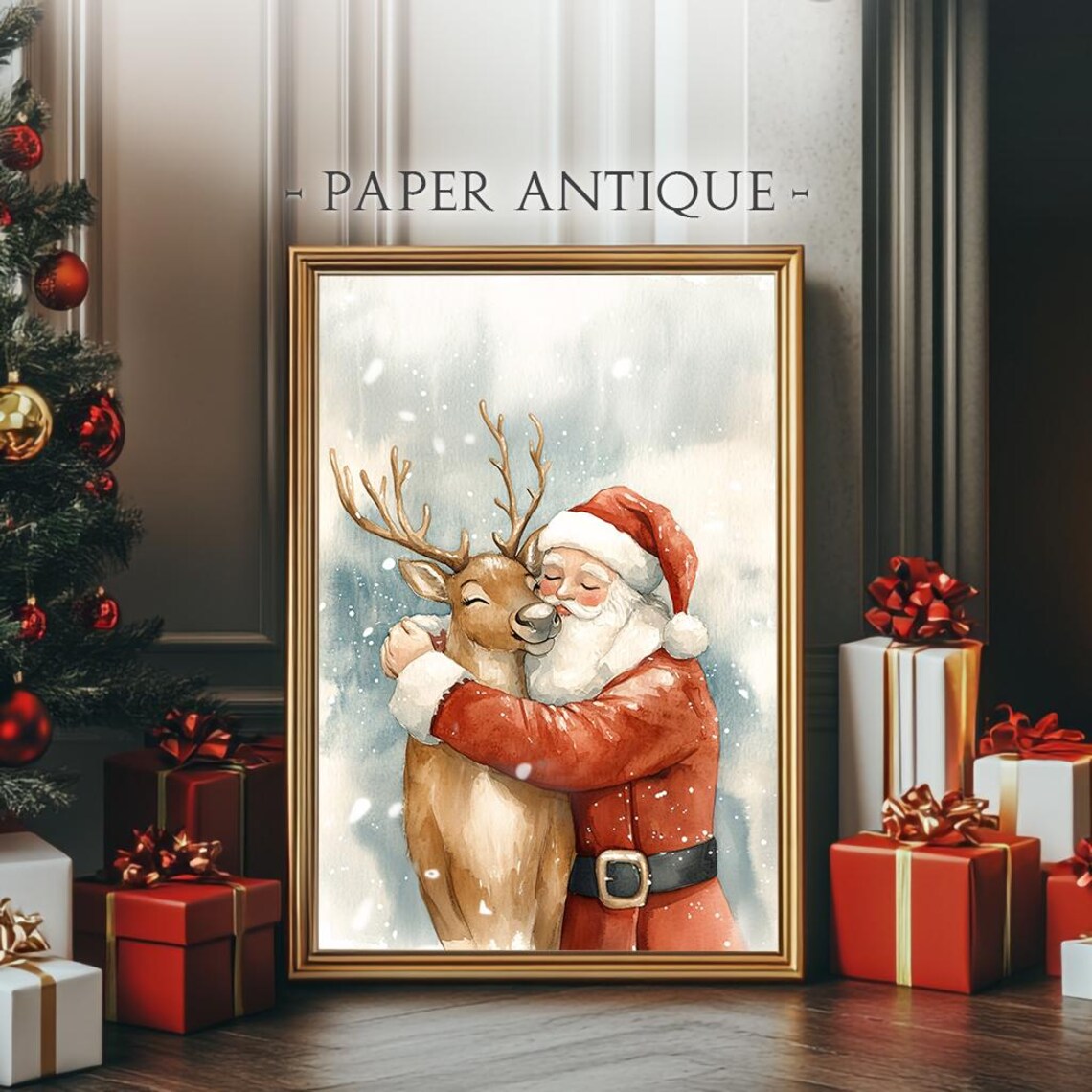 Santa Claus Embracing Reindeer in Snowfall Watercolor Christmas Poster