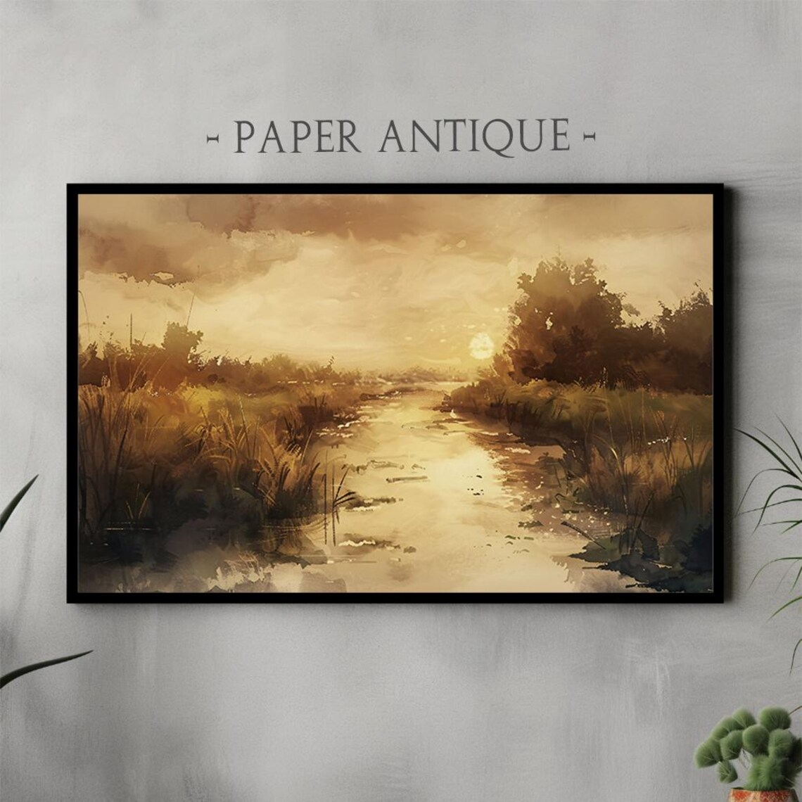 Golden Sunset Marsh River Winding Water Reflections Watercolor Poster