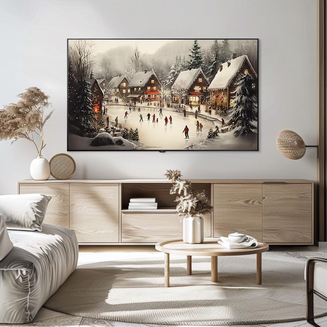Snowy Christmas Village Ice Skating Pond Festive Panorama Wall Art - Image 5
