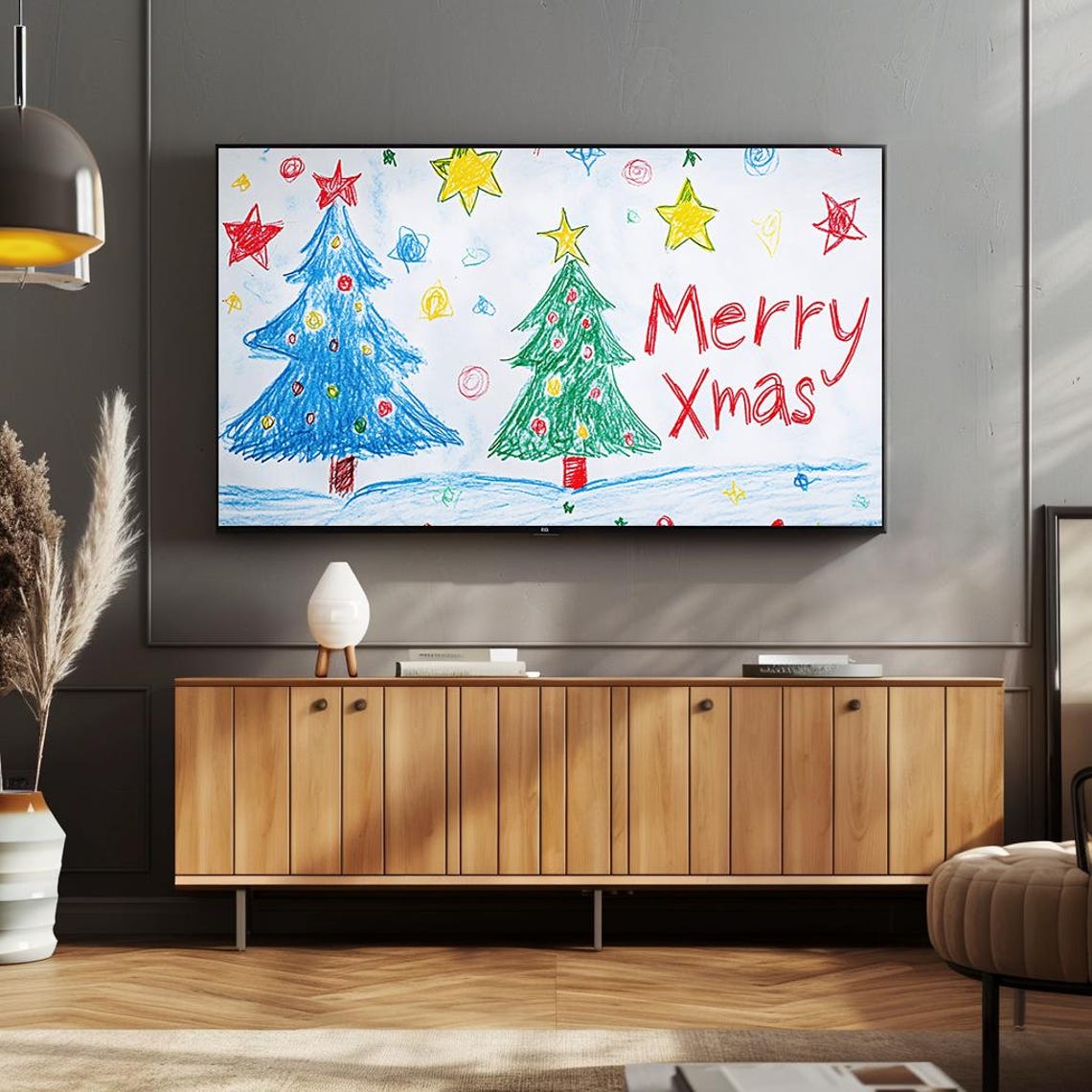 Colorful Merry Xmas Crayon Drawing Kids Christmas Tree Poster - Image 4