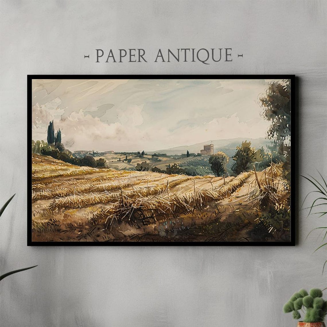 Sunlit Golden Wheat Field with Cypress Trees and Villa View Poster