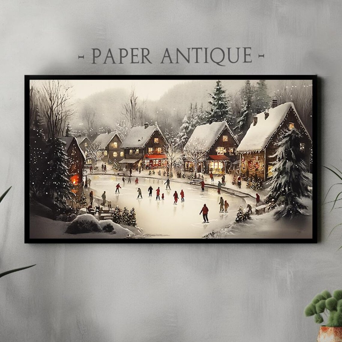 Snowy Christmas Village Ice Skating Pond Festive Panorama Wall Art