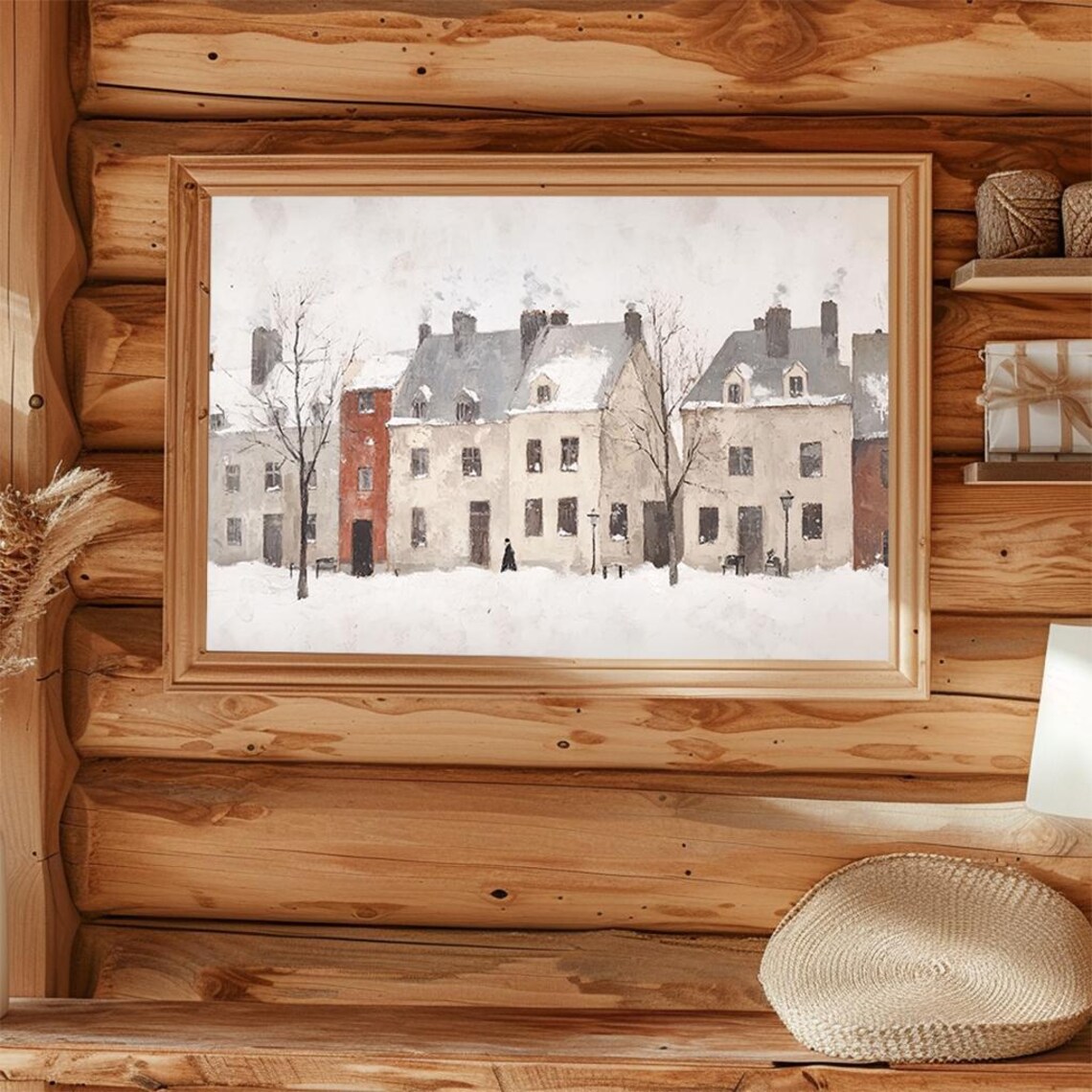 Snowy Village Street with Row Houses Cozy Winter Folk Art Poster - Image 4
