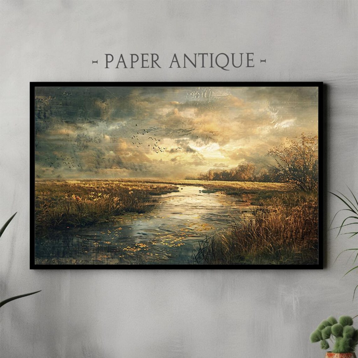 Vast Golden Marsh Sunset River with Birds Moody Landscape Poster