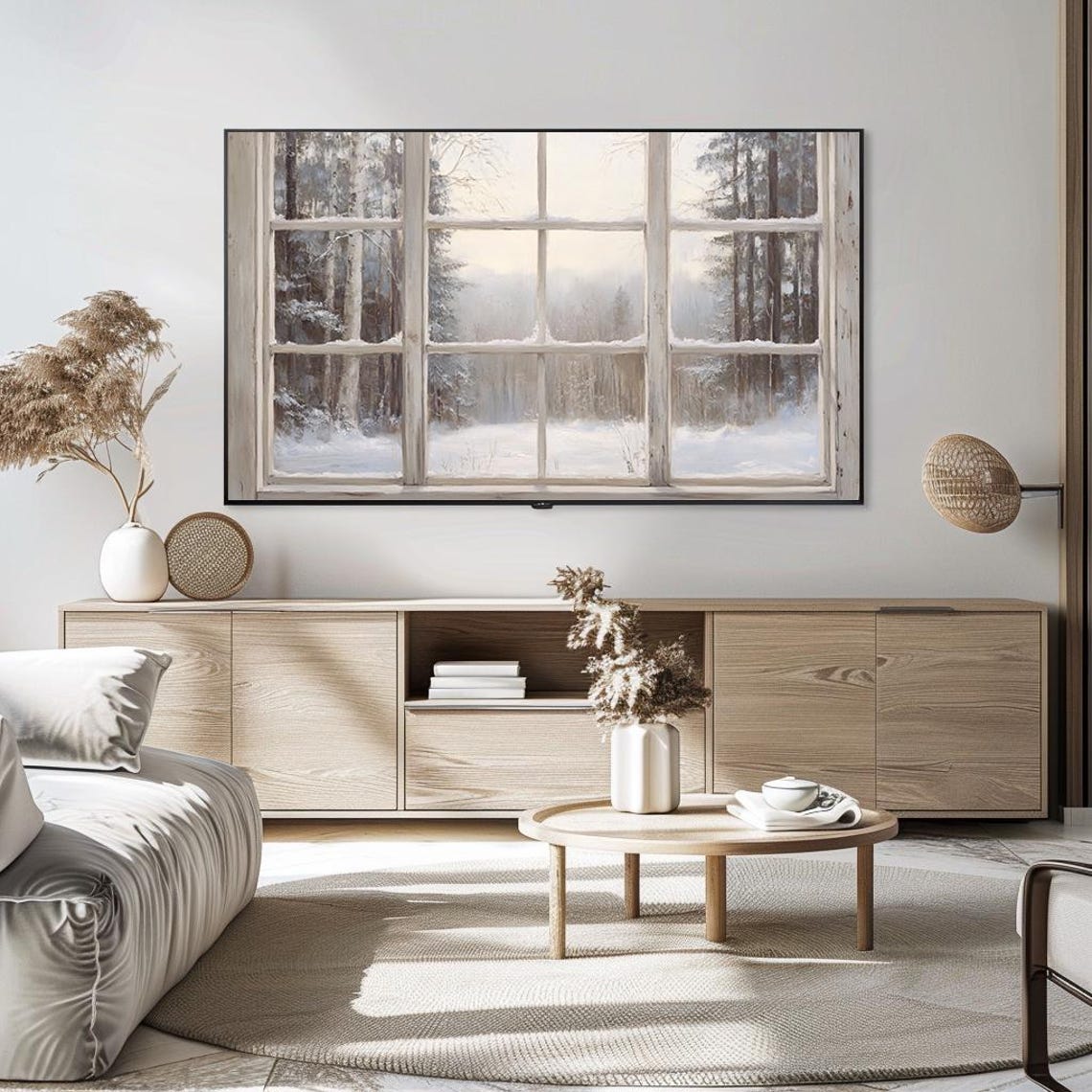 Serene Winter Scene through Rustic Window Snowy Pines Poster - Image 5