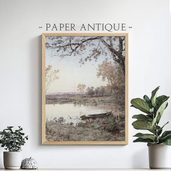 Serene Lakeside Landscape Rustic Watercolor Painting Natural Tones Vintage Decor Wall Art Pt