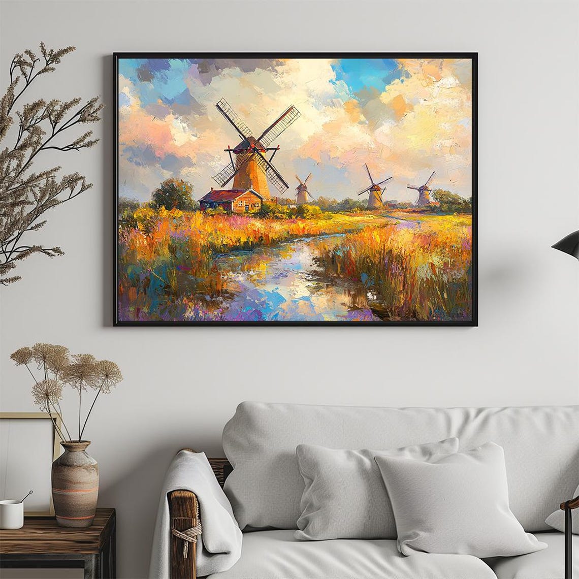 Colorful Dutch Windmills in Autumn Field Impressionist Oil Poster - Image 5