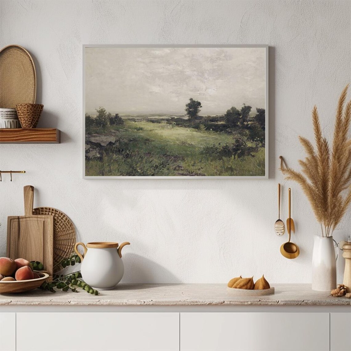 Green Pasture Misty Gray Sky Quiet Meadow Vintage Oil Painting Poster - Image 4