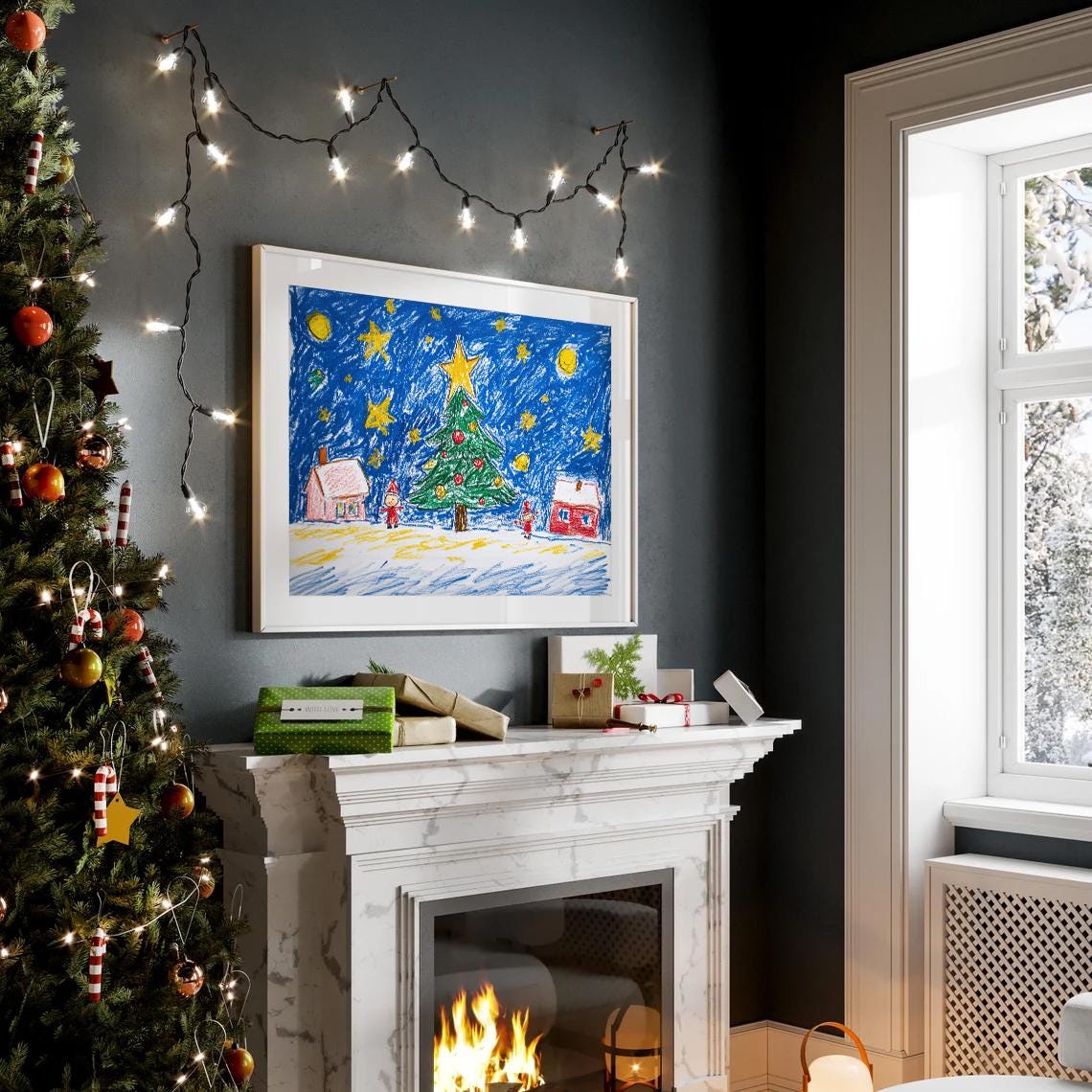 Childlike Crayon Drawing Christmas Tree Starry Night Kids Art Poster - Image 2