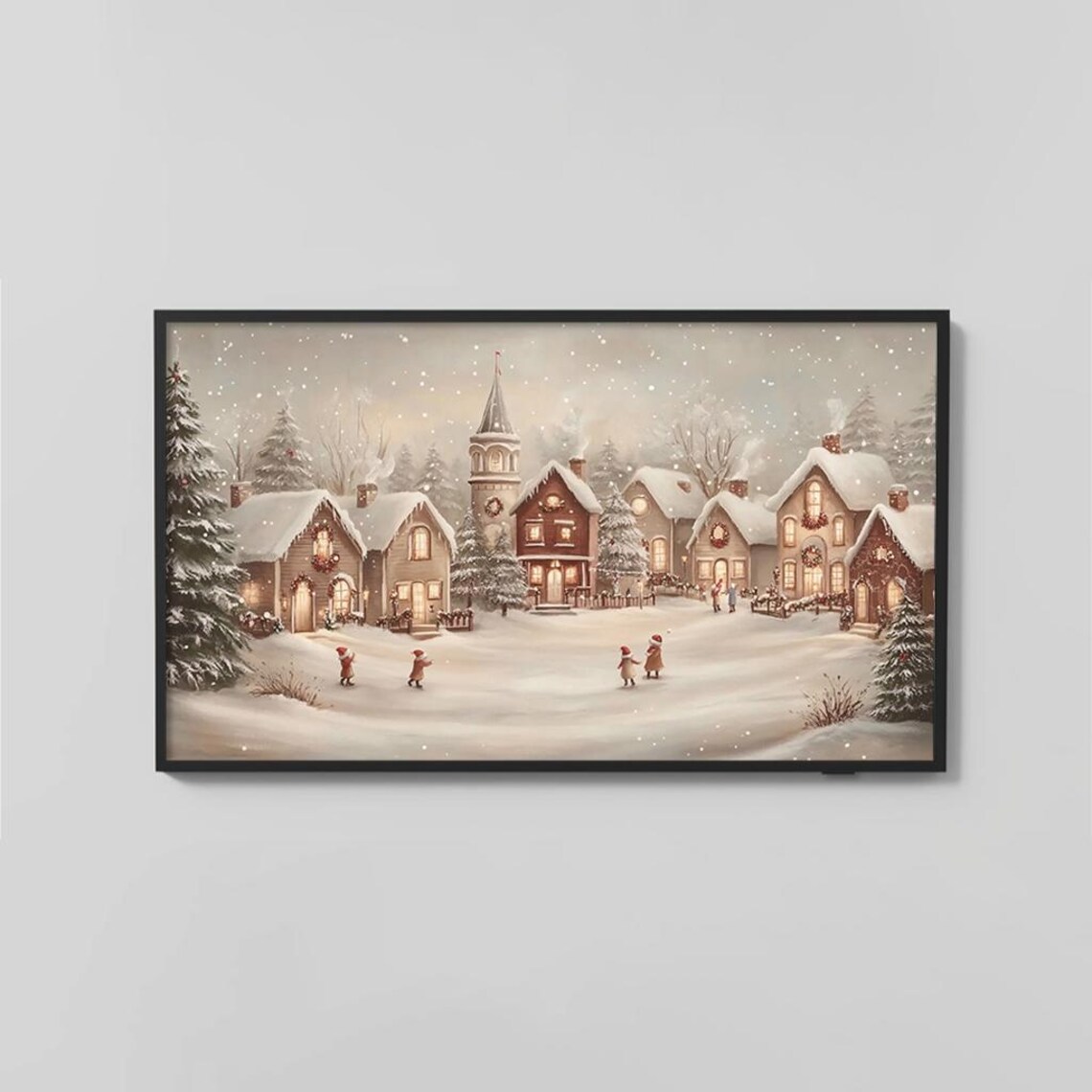 Cozy Christmas Village Church Children in Snow Warm Art Poster - Image 2
