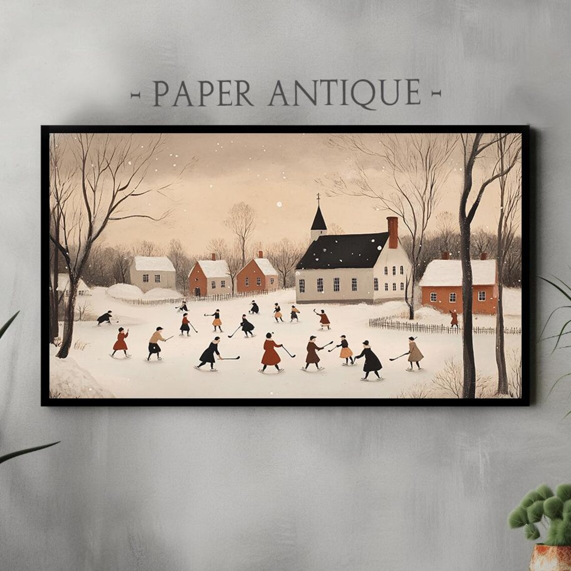 Charming Winter Scene with Ice Skaters and Village Church Poster