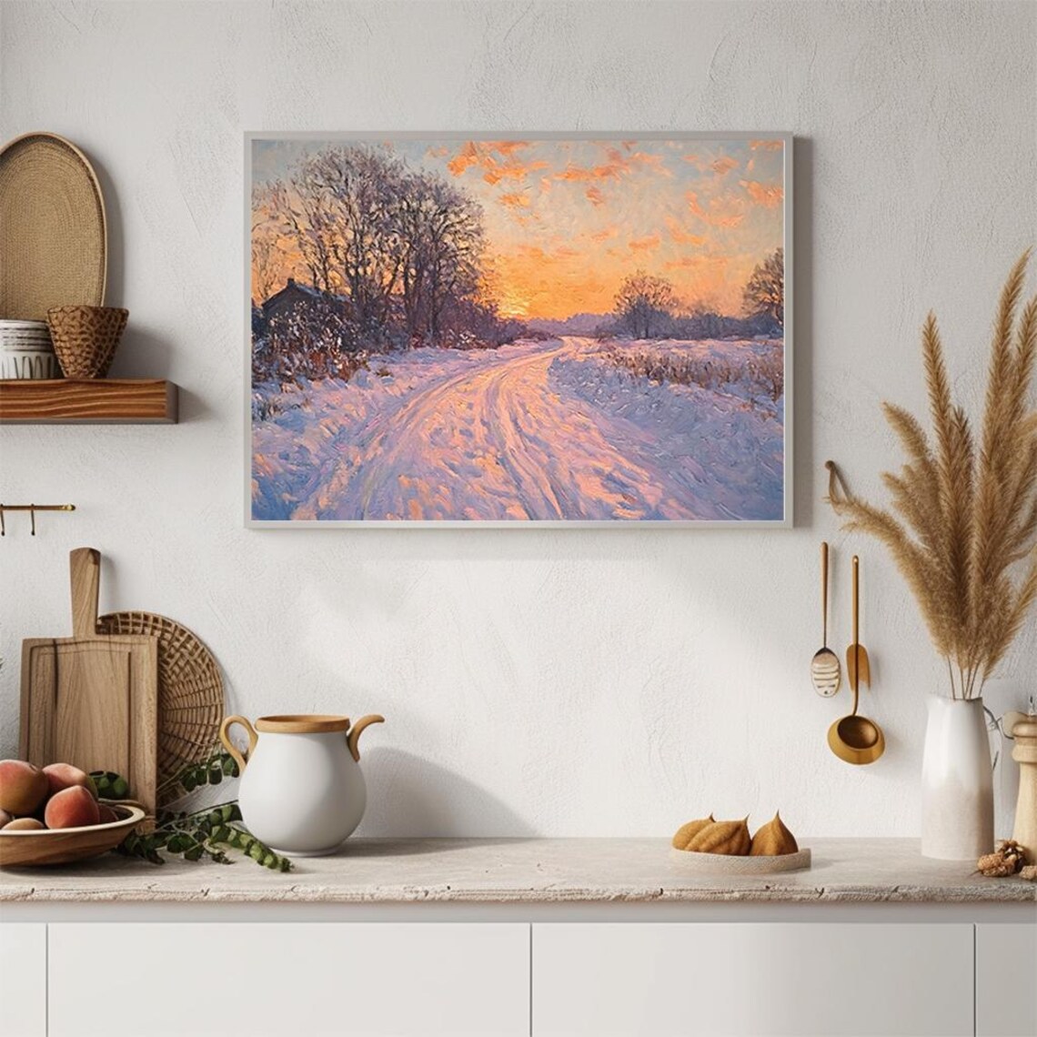 Snowy Winter Sunset Landscape Impressionist Oil Painting Poster - Image 2