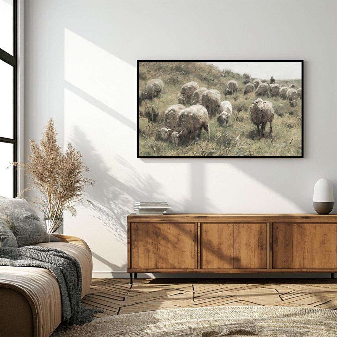 Shepherd Sheep Flock Grazing Vintage Farm Animal Painting Poster - Image 4