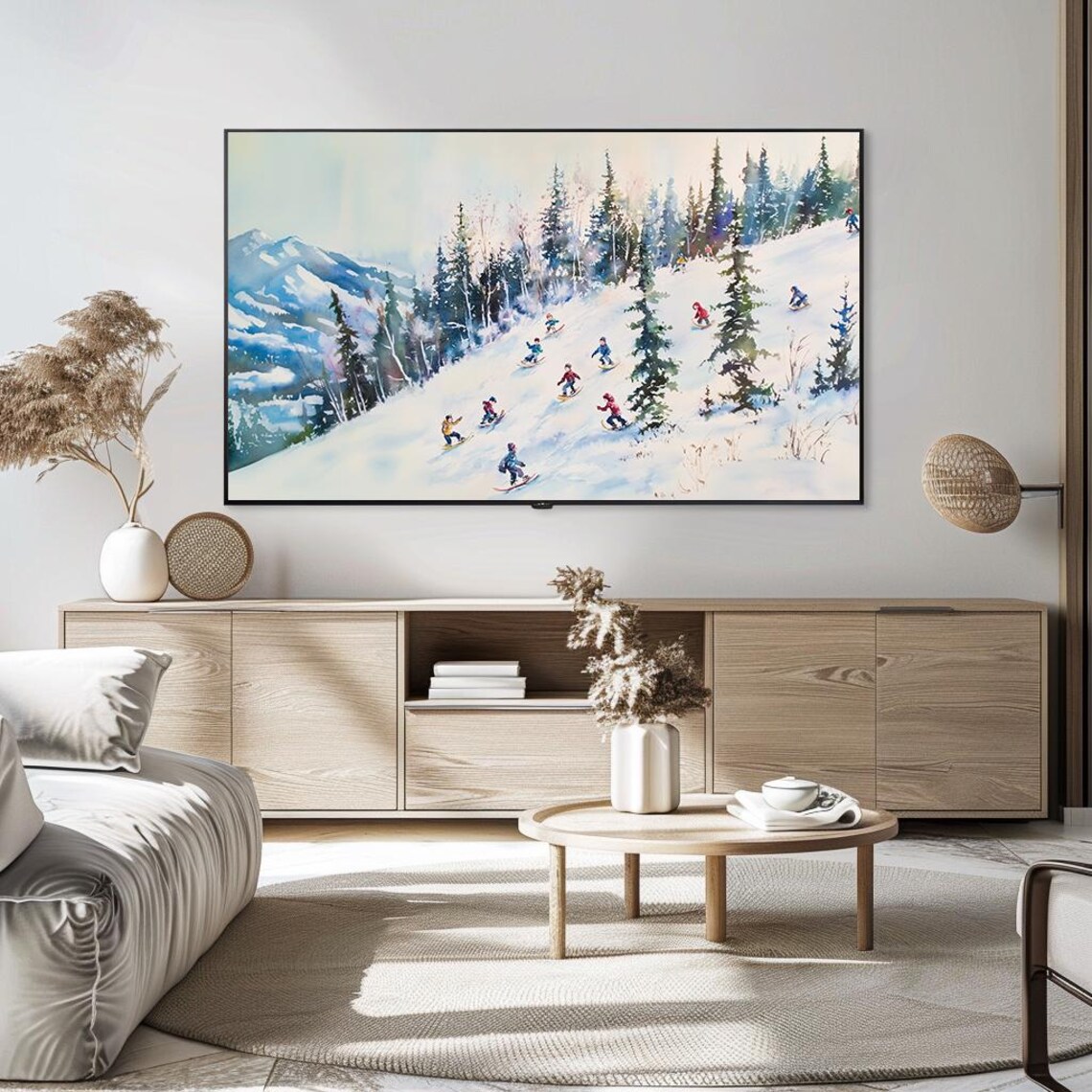 Winter Sledding Scene Painting Joyful Snow Fun Watercolor Poster - Image 5