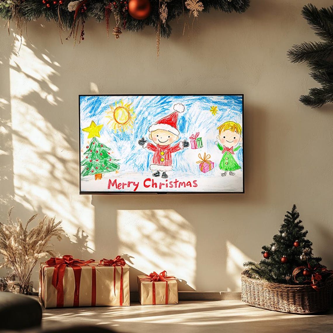 Merry Christmas Kids Crayon Drawing Colorful Holiday Scene Poster - Image 3