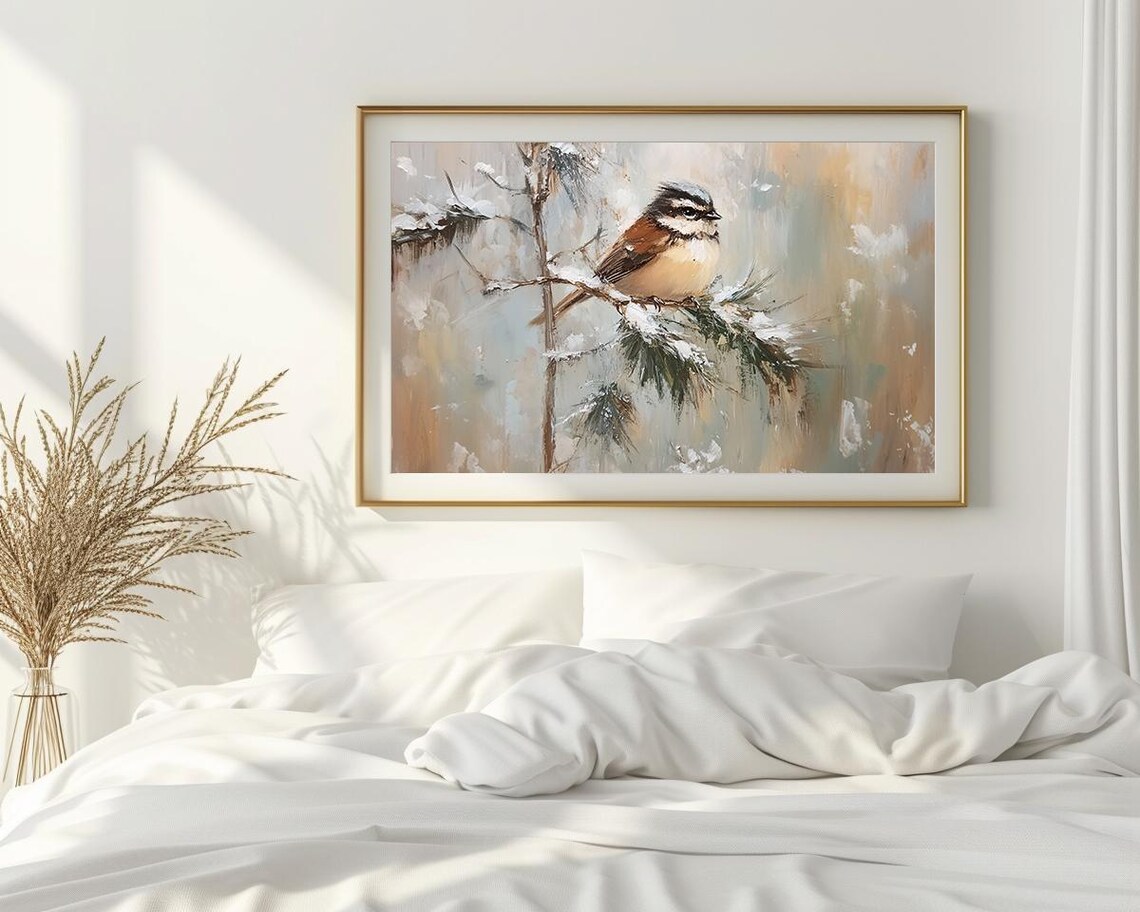 Small Songbird Resting on Snowy Pine Branch Soft Winter Art Poster - Image 2