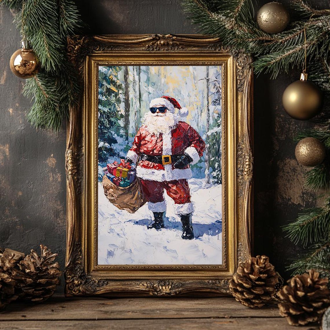 Cool Santa Claus with Sunglasses Holding Gift Sack Oil Painting Poster - Image 4