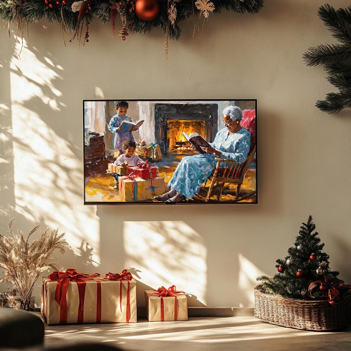 Family Christmas by Fireplace Heartwarming Holiday Painting Poster - Image 3