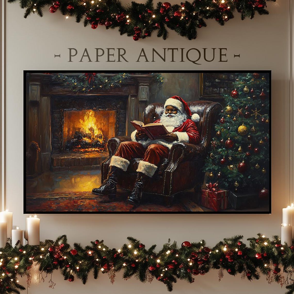Santa Relaxing by Fireplace Cozy Christmas Oil Painting Poster