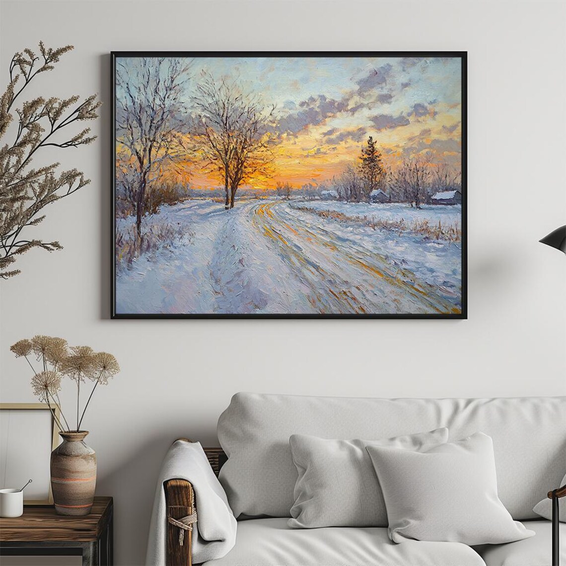 Winter Sunset Snow Road Golden Light Impressionist Painting Poster - Image 5