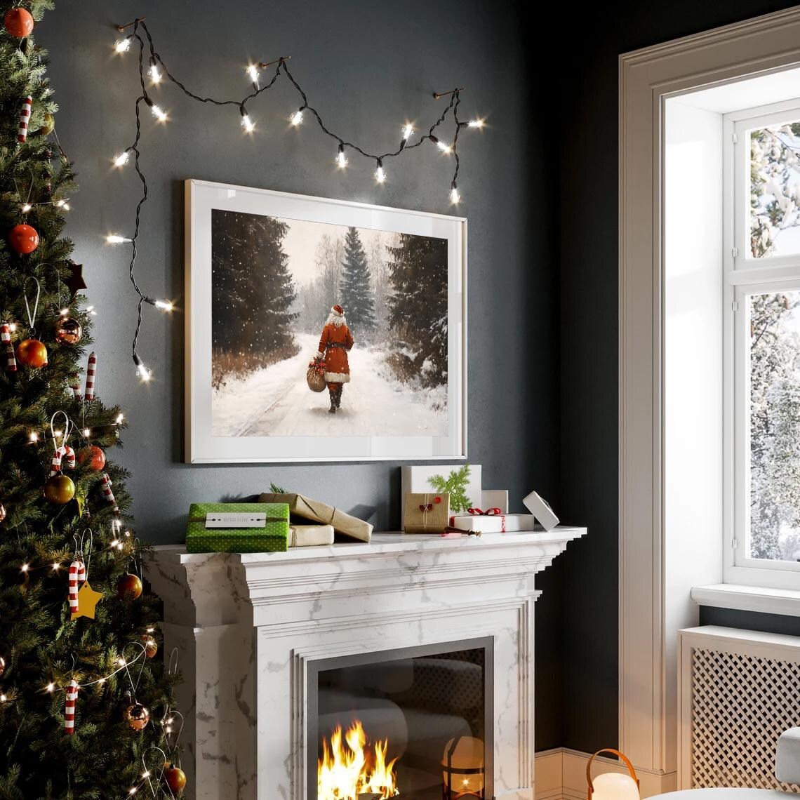 Santa Walking Snowy Forest Gift Bag Falling Snow Painting Poster - Image 2
