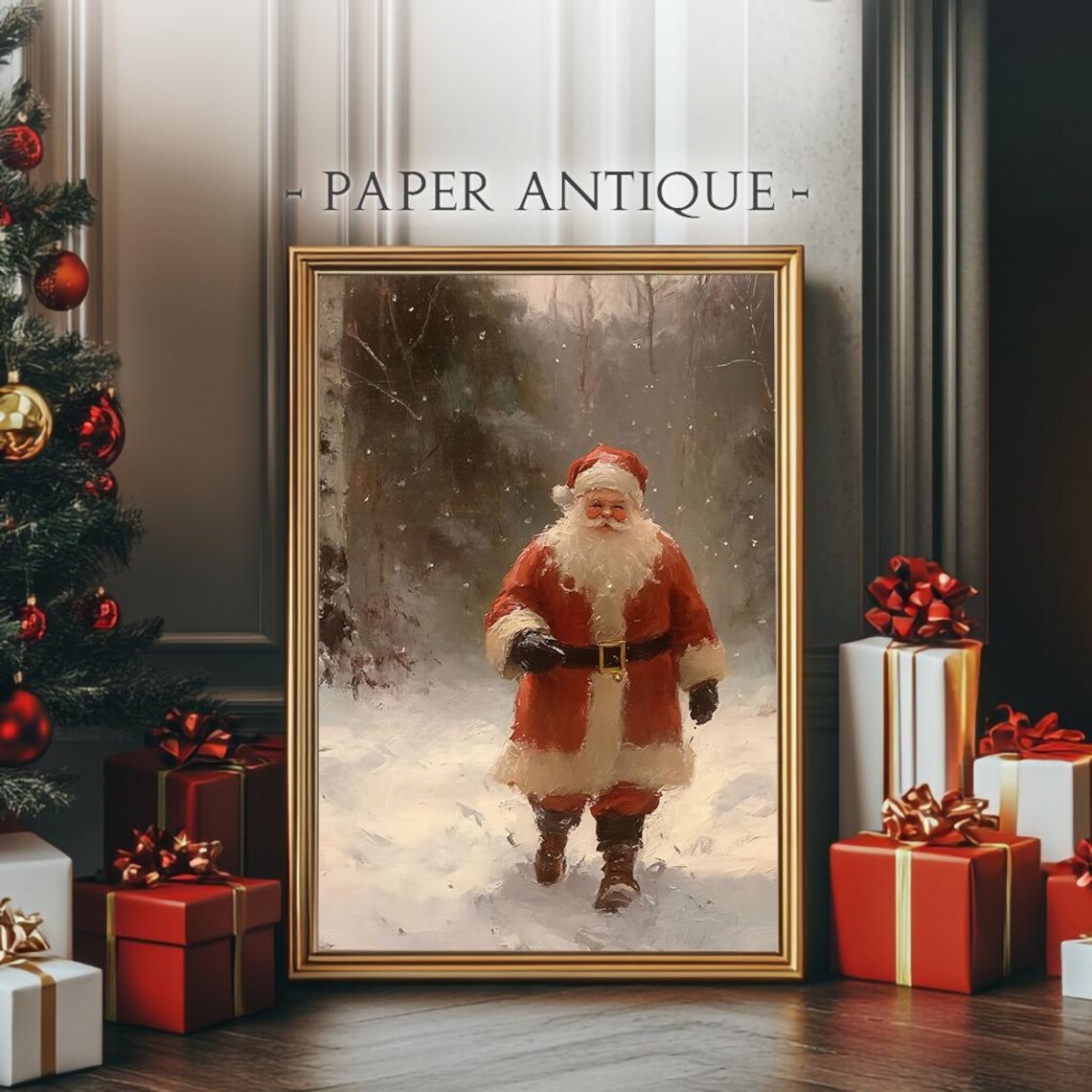 Santa Claus Walking in Winter Snow Traditional Oil Painting Poster