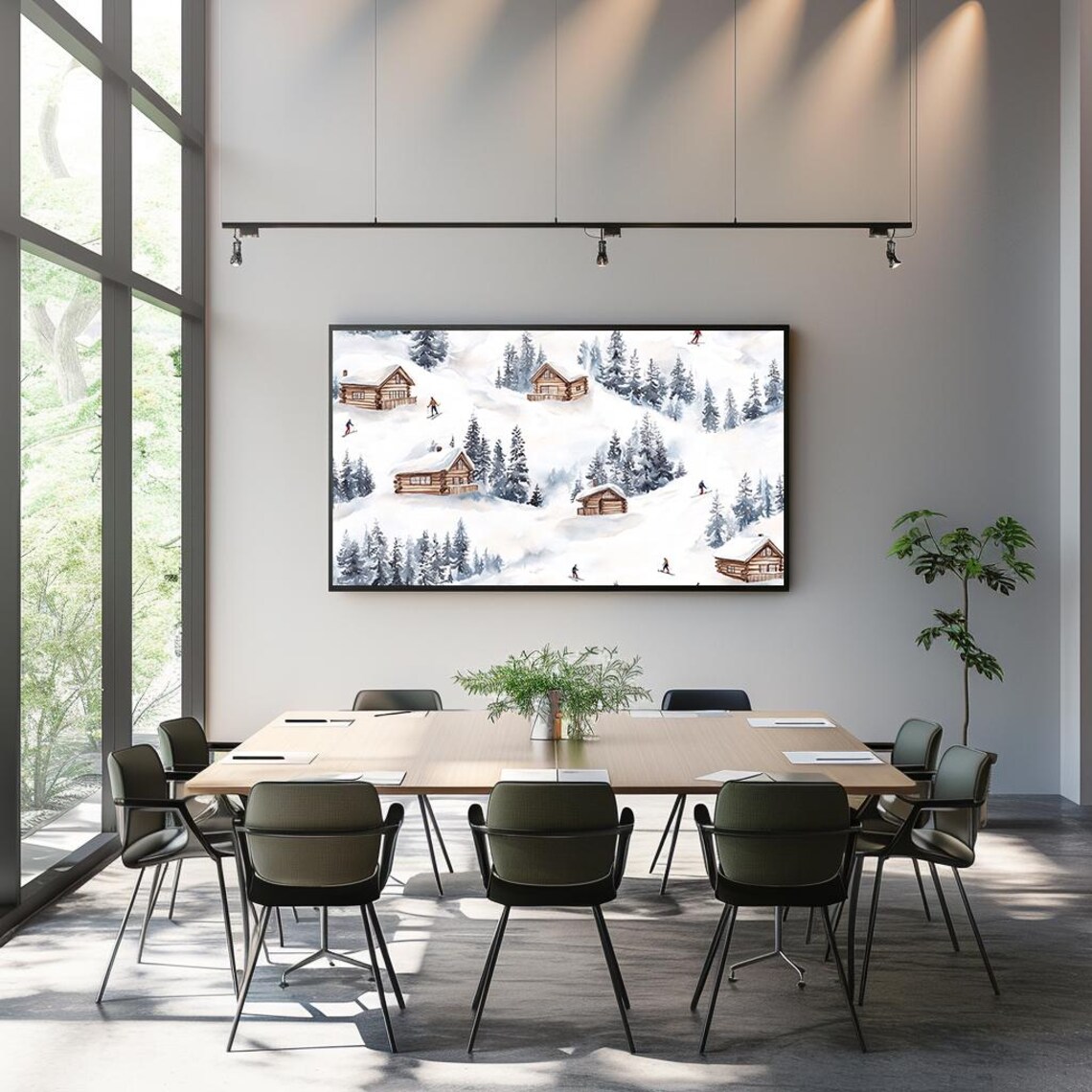 Ski Village Watercolor Log Cabins Skiers Snowy Pines Winter Poster - Image 3