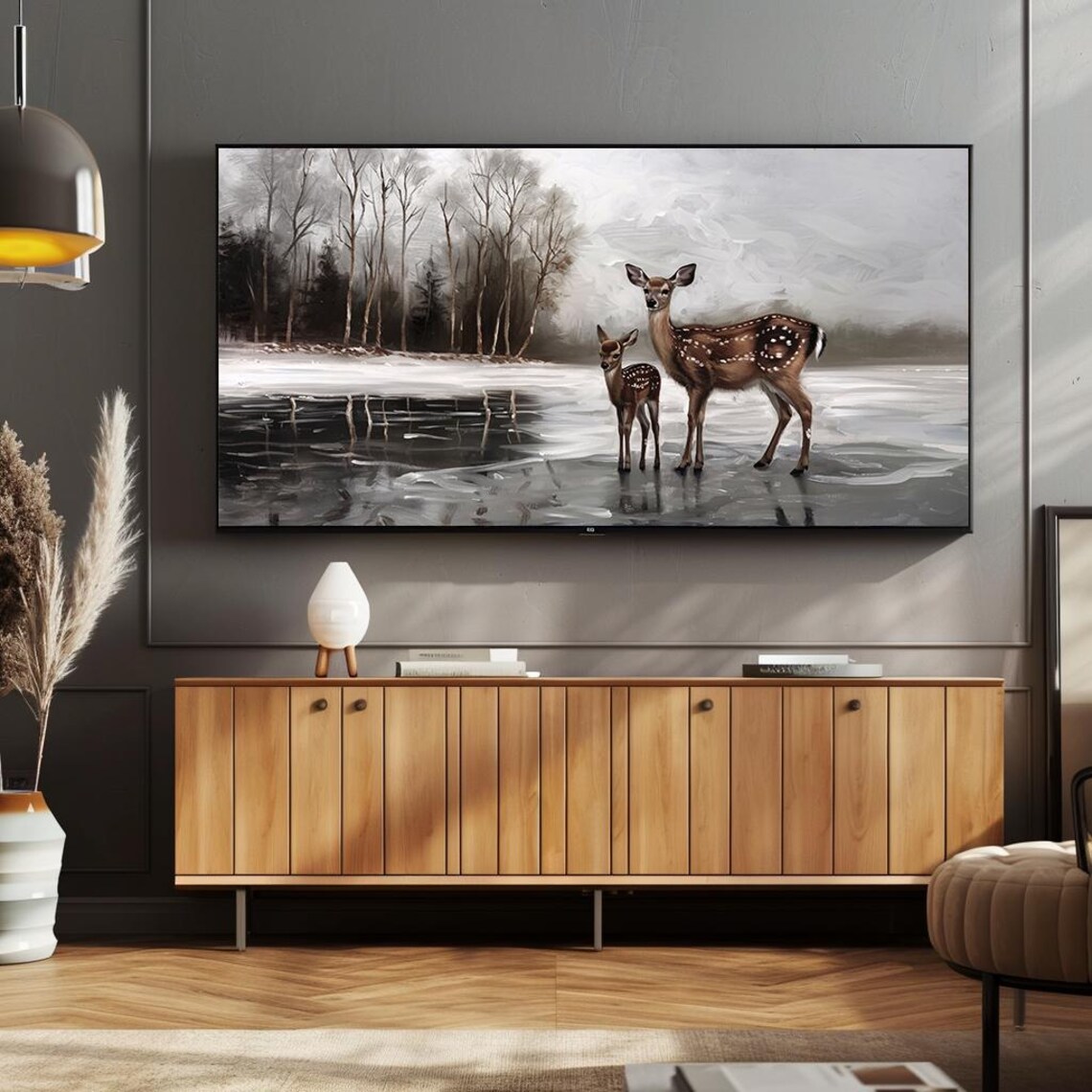 Deer with Fawn on Frozen Winter Lake in Winter Forest Poster - Image 2
