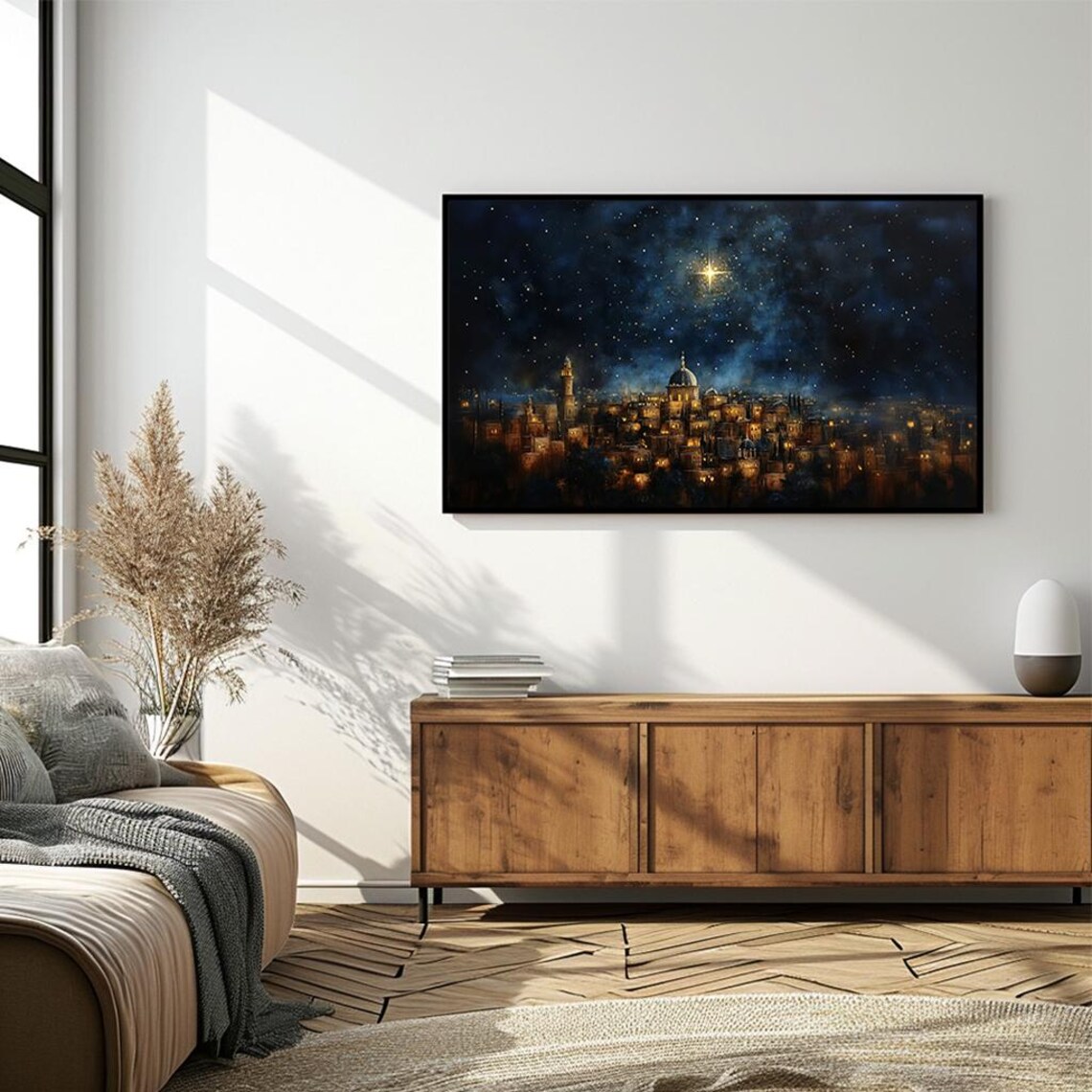 Starry Night Over Cityscape Oil Painting Serene Christmas Star Poster - Image 4