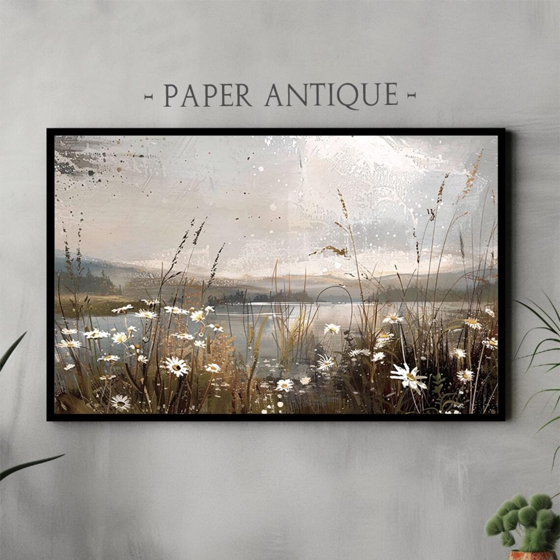 White Daisies Lakeshore Misty Water Grasses Watercolor Floral Poster