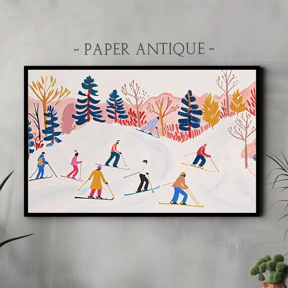 Happy Group of Colorful Skiers on Snowy Slope Retro Winter Poster