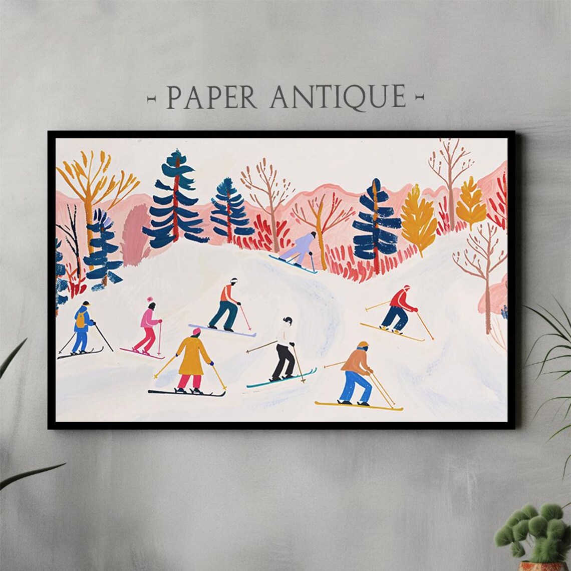 Happy Group of Colorful Skiers on Snowy Slope Retro Winter Poster