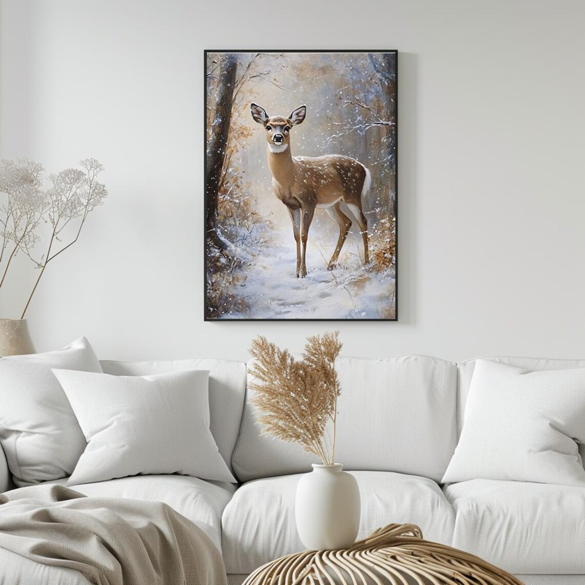Deer In Snowy Forest Winter Woodland Wildlife Painting Poster - Image 3