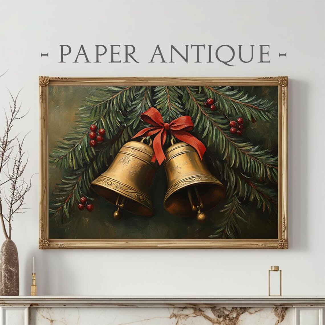 Vintage Christmas Bells Evergreen Berries Red Bow Holiday Poster