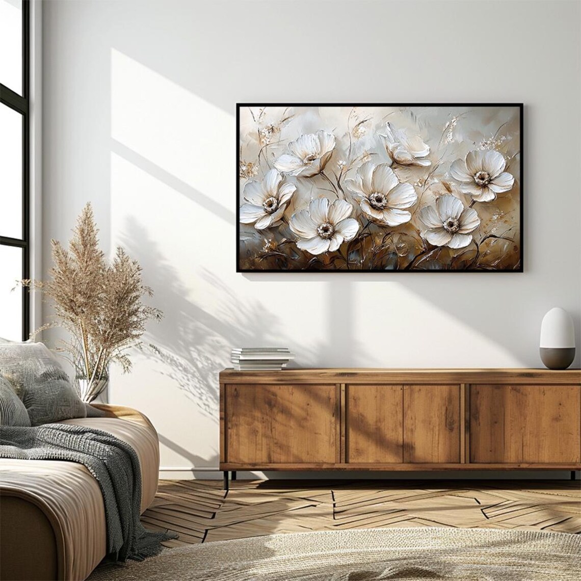 White Anemones Textured Impasto Warm Beige Floral Oil Painting Poster - Image 4