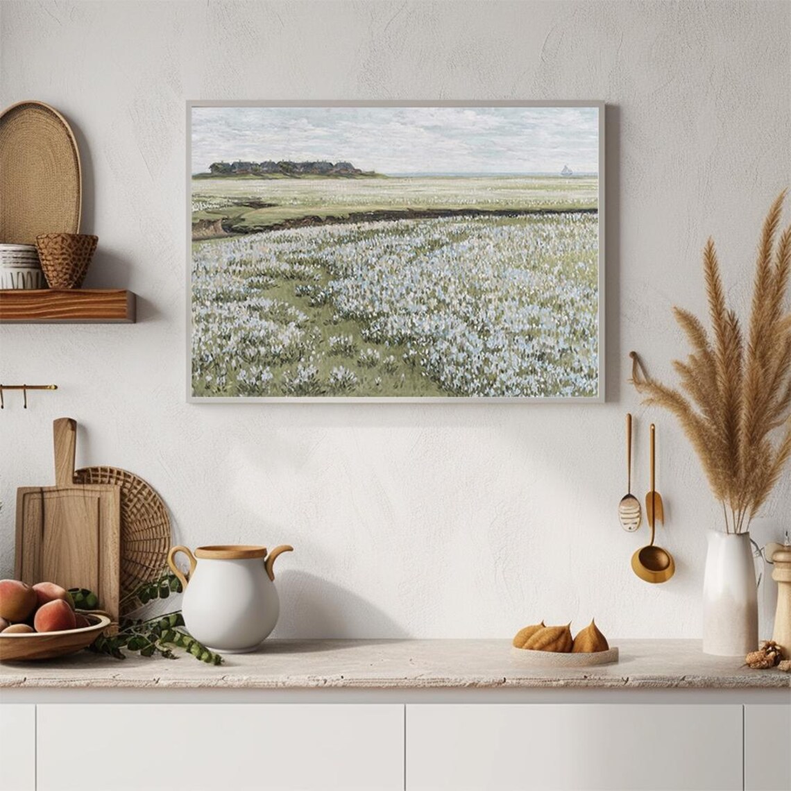 White Flower Field Sea Horizon Sailboat Soft Vintage Landscape Poster - Image 4